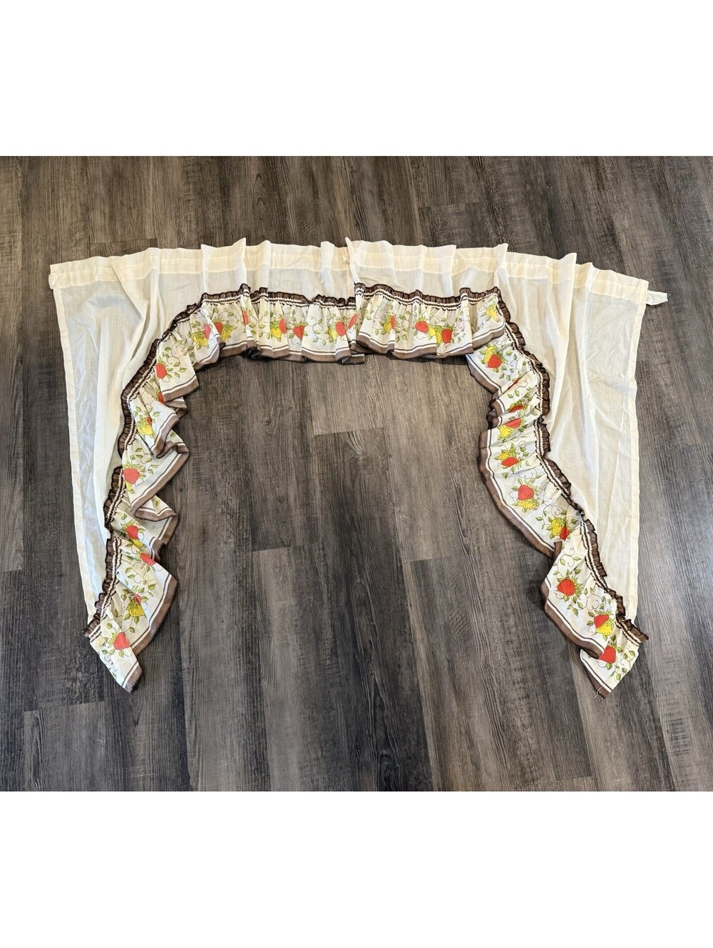 Sears Vintage Window Valance Berries Cottagecore White Brown 72” 2 Panel